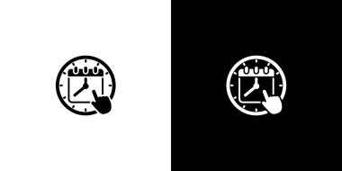 İkili ton illüstrasyonu takvim simgesini saat yüzü ve tarihi gösteren bir elle entegre eder, siyah ve beyaz arkaplan arasında bölünür.