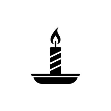 A black and white vector illustration of a lit candle with a distinct flame, standing in a classic candle holder, representing simple elegance and minimalistic design.