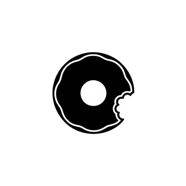Black and white illustration of a donut with a bite taken out of it. A sugary treat icon representing pastries, sweets, or delicious desserts.