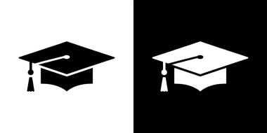 This image showcases a split black and white background, each side featuring a graduation cap in contrasting color, symbolizing academic achievement and graduation.