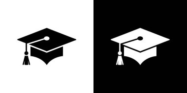 Bu resim, mezuniyeti, akademik başarıyı, eğitimi ve yüksek öğrenim hedeflerini sembolize eden siyah ve beyaz varyasyonlarda bir mezuniyet başlığı simgesi içerir..