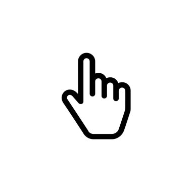 Depicted is a minimalistic black and white icon of a hand cursor with its index finger extended upward, indicating a selection or activation action, graphic representation.