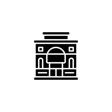 Bu minimalist siyah beyaz bir simge. Kare pencerelerle çevrili ve yatay çizgilerle kaplı kemerli bir girişi olan bir bina tasvir ediyor..