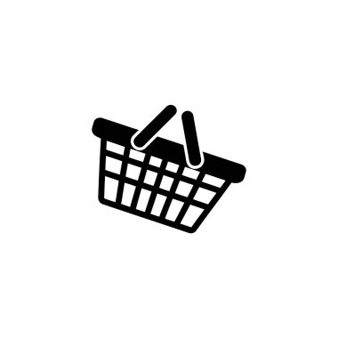 The vector image shows a shopping basket icon in black and white. It features a rectangular body with a grid pattern and two parallel handles on top.