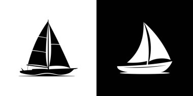 This image showcases two minimalist sailboats. One is black on a white background, and the other is white on a black background, presented in a vector graphic style.