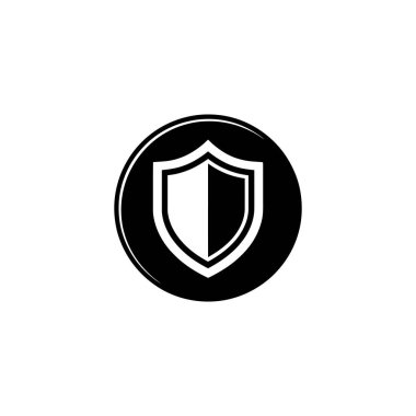 The image features a shield icon, divided equally in black and white, centered inside a black circle, symbolizing security and protection in design.