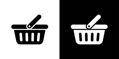 Görüntü iki alışveriş sepeti ikonu gösteriyor. Biri beyaz arkaplana karşı siyah, diğeri siyah arkaplana karşı beyaz, ağ ve UI tasarımı için ideal.