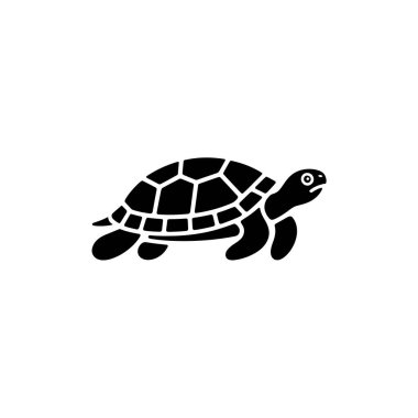 Isolated vector illustration showcases a black turtle with a detailed shell. Ideal for simple designs, coloring pages, or clip art projects. Cute animal theme with segmented shell.