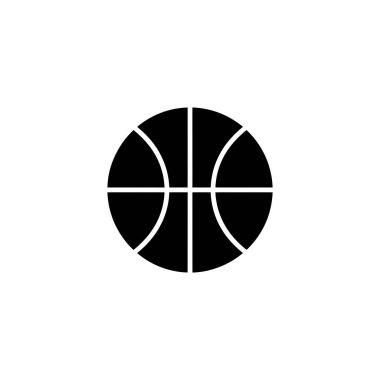 Bir siyah basketbol silueti ikonu, spor ekipmanlarını tasvir eden temiz beyaz bir arkaplan üzerine kurulmuştur. Görüntü basit, yüksek kontrastlı..