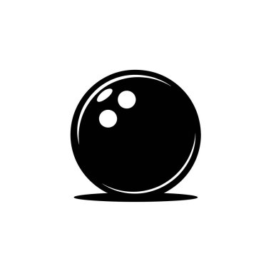 Illustration of a black bowling ball with three finger holes, depicted in silhouette against a stark white backdrop. Symbolizes sport, recreation, and bowling leisure.