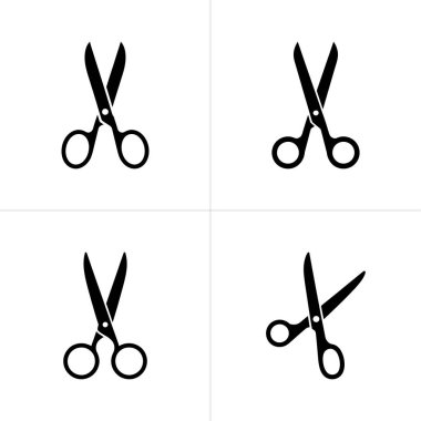 Bu grafik, parlak beyaz bir arkaplan karşısında bir ızgara düzeninde düzenlenmiş dört siyah makas simgesini içerir, temiz ve minimalist bir illüstrasyon oluşturur.