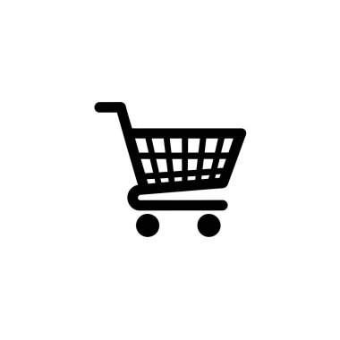 A minimalist black icon shows a shopping cart with a metal grid basket and handle, supported by rounded wheels against a stark white background.