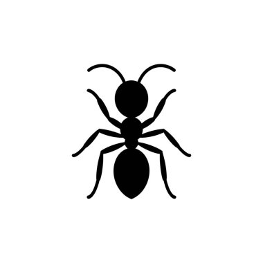 Depicts a simplistic, symmetrical black silhouette of an ant. The ant has distinct segments, antennae, and six legs, displayed against a stark white background.