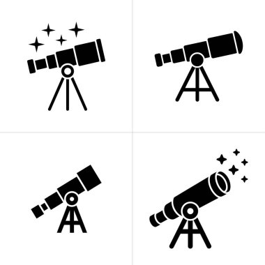 Bu resim beyaz arka planda dört farklı siyah teleskop simgesi gösteriyor, bazı teleskoplar astronomiyle ilgili görsel ihtiyaçlar için parıldayan yıldız grafikleriyle hizalanmış..