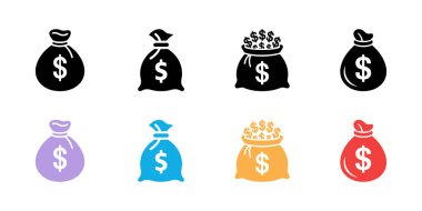 Image showcases eight money bags, each with a dollar symbol, varying in color, including black, lavender, blue, gold, red, and fill levels, against a white background.