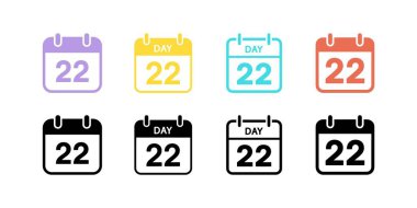 Mor, sarı, mavi, kırmızı ve siyah olmak üzere 22 sayısını farklı renk şemalarında gösteren sekiz takvim simgesi koleksiyonu.