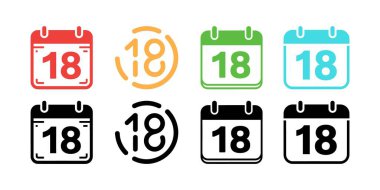 This image presents a visually diverse collection of calendar icons, each displaying the number 18, rendered in a variety of styles and colors, including red, green, blue, and black.
