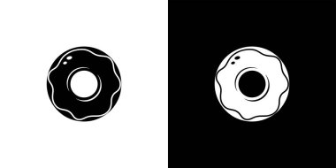 Graphic illustration of a donut silhouette, displayed in contrasting black and white backgrounds. One donut is black on a white background, and the other is white on black.