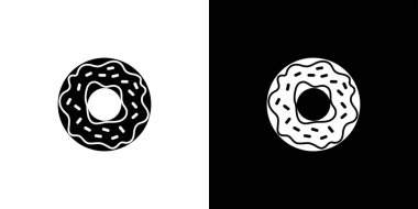 Symmetrical image displays a donut icon against both black and white backgrounds, inverted. The simplified design features a ring with a drizzled topping and sprinkles.