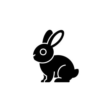 A striking black, stylized rabbit icon sits against a stark white background. The rabbit is shown with large ears, compact body, and distinct features.