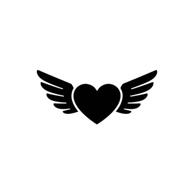 Simple black-and-white graphic featuring a heart with spread wings. The minimalist design depicts a heart shape with stylized wings extending horizontally from its sides.