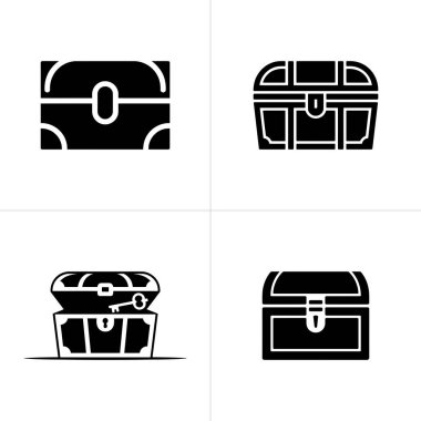 Siyah beyaz dört hazine sandığı simgesini gösteren grafiksel çizimler. Göğüs aralıkları kapalı ile açık arasında, biri anahtarı gösteriyor. Klasik hazine, korsan teması.