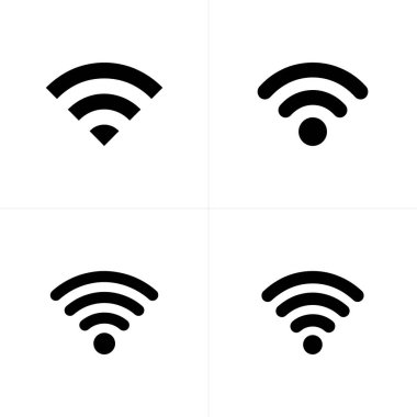 Bu görüntü, beyaz arkaplanda siyah bir WiFi sembolünün dört varyasyonunu gösteriyor. Simgeler kablosuz internet erişimini ve farklı sinyal güçlerini veya bağlantılılığı temsil ediyor.