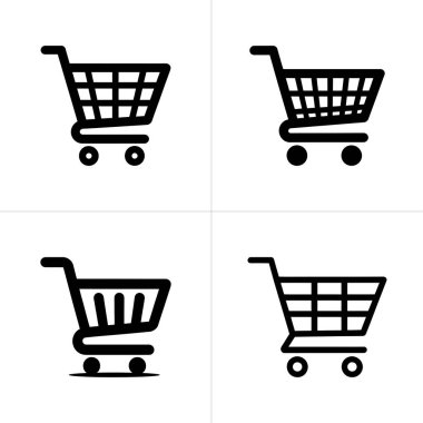 Görüntü, dört izole edilmiş siyah alışveriş arabası simgesini gösteriyor. Her arabanın farklı bir ızgara tasarımı var. Arabalarda bir kol ve iki tekerlek var..