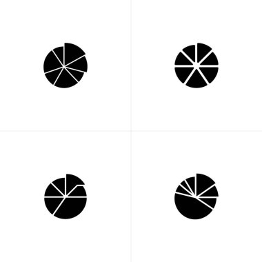 Bir resim, beyaz bir arkaplan karşısında siyah renkte çizilmiş dört farklı pasta grafiğini gösterir, her biri farklı segment sayıları ve boyutlara bölünmüştür. Grafikler çeşitli verileri temsil eder.