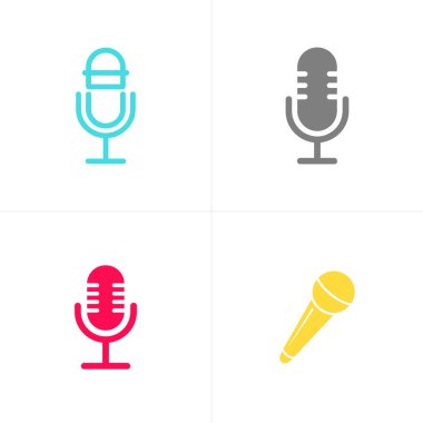 Beyaz arka planda farklı stillerde ve renklerde dört eşsiz mikrofon simgesi sergileniyor. Retro podcast, klasik yayın ve el mikrofonu içerir.