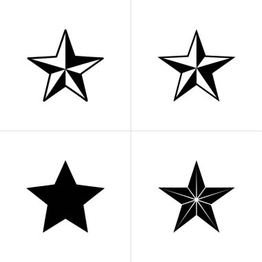 Bu grafik beyaz zemin üzerinde siyah beyaz dört farklı yıldız varyasyonu gösteriyor. Bunlar arasında ana hatları çizilmiş yıldızlar, katı yıldızlar ve iç kısımları dolu yıldızlar yer almaktadır..