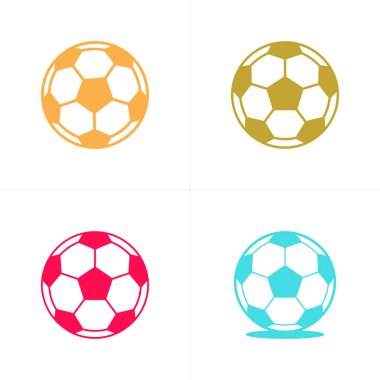 Resim dört farklı renkli stilize futbol topunu içeriyor. Renkler turuncu, altın, pembe ve açık mavi. Her topun bir beşgen ve altıgen dizaynı var..