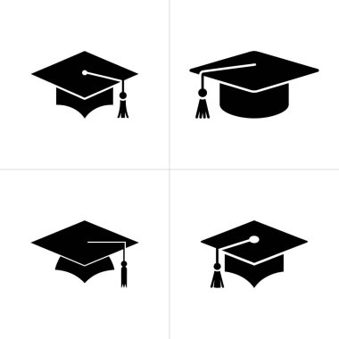 Resim, dört siyah beyaz mezuniyet şapkası ikonundan oluşan bir koleksiyon sergiliyor. Bu grafik öğeler akademik başarıyı ve başarıyı sembolize ediyor, her biri eşsiz bir havan topu tasarımı..