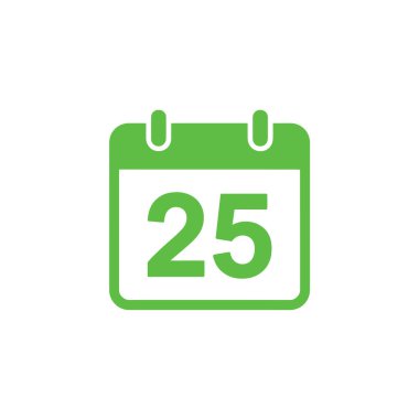 Takvim simgesinin yeşil renkli yuvarlak köşeli ve 25 numaralı koyu renkli olduğu basit, düz bir tasarım. Temiz, şeffaf bir arkaplanda izole edilmiş..