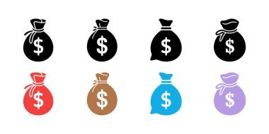 Siyah, kırmızı, kahverengi, mavi ve mor olarak değişen her birinde bir dolar işareti olan para çantalarından oluşan bir koleksiyonu gösteren basit bir illüstrasyon. Basit, vektör grafikleri.