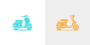 Vektör illüstrasyonunda açık beyaz ve açık gri bir zeminde sunulan turkuaz ve sarı scooter, retro motorları anımsatıyor. Klasik tasarım.