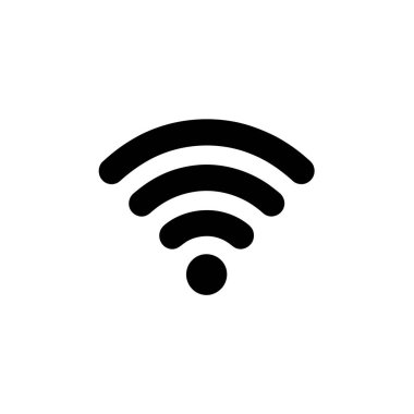 Bir WiFi sinyal sembolünün düz siyah vektör grafiği. İçinden üç kıvrımlı çizgi çıkan bir nokta gösteriyor, hepsi de beyaz ve pürüzsüz bir zemine karşı..