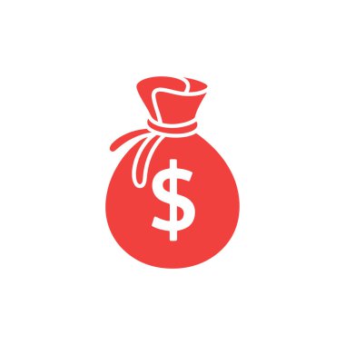 Basit bir illüstrasyonda, beyaz arka planda finansal kavramlar için izole edilmiş, belirgin bir beyaz dolar işaretiyle süslenmiş kırmızı bir çuval gösteriliyor..