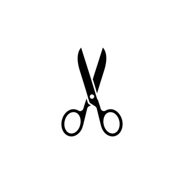 İzole edilmiş, minimalist bir vektör çizimi siyah bir makas silueti tasvir eder. Yuvarlak kulplar ve açık bıçaklar, temiz beyaz arka plana odaklı.