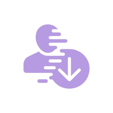 Bir lavanta renkli simge, bir kullanıcı simgesini aşağı doğru ok ile bir daireye doğru küçülen, görsel olarak azalma, indirme veya kullanıcı azaltma kavramını temsil eden bir kullanıcı simgesi tasvir eder..