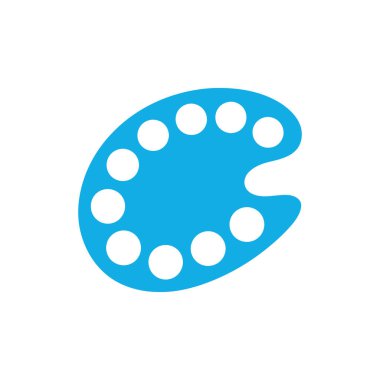 Basit bir illüstrasyon açık mavi bir ressamın boya paletini gösteriyor. Boya tutmak için on beyaz dairesel kuyusu ve paleti tutmak için bir başparmak deliği var..