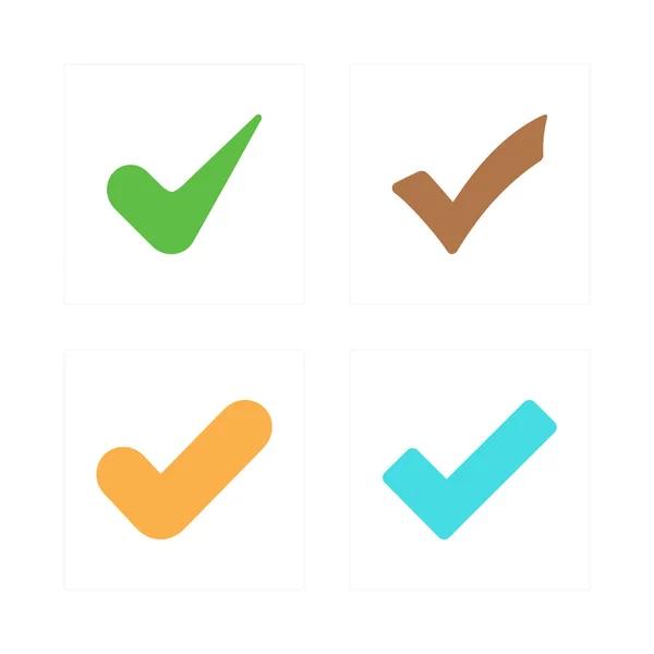 Görüntü, kareler ve beyaz arkaplan içinde dört izole kontrol işareti simgesi gösteriyor. Kontrol işaretleri yeşil, kahverengi, turuncu ve mavi renkli ve biraz yuvarlak..