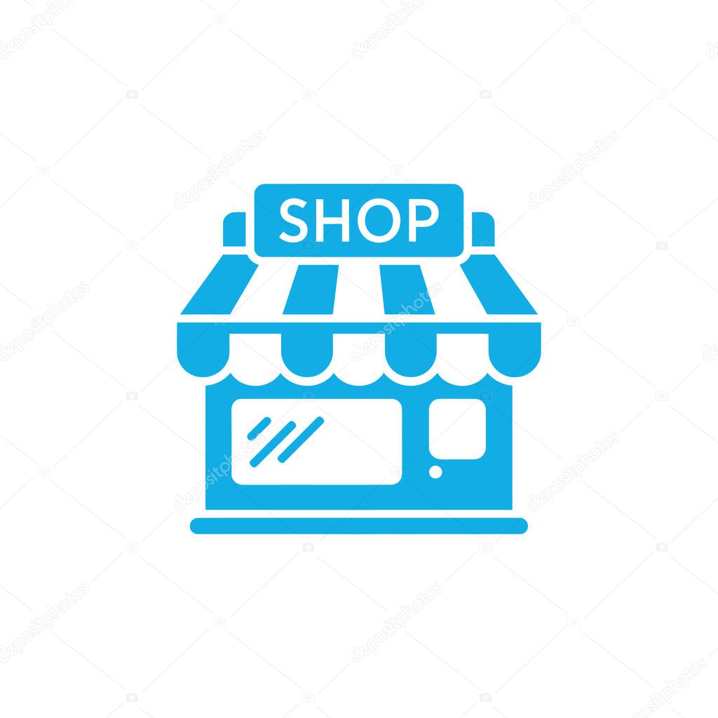 Depicts a light blue, stylized shop front with an awning and a window display featuring diagonal lines. Represents small business, commerce, or local retail.
