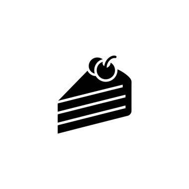 A simple black and white illustration showcases a layered cake slice, accentuated by two cherries adorning its top. Ideal for dessert or baking content.