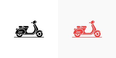 Graphic displays two stylized vintage scooters, one black and one red, side-by-side against a clean white background. Each scooter features a retro design.