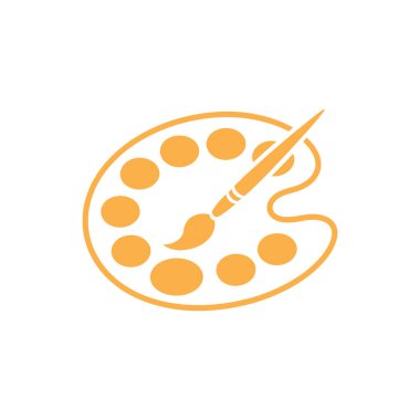 Single stylized orange icon features a traditional artist's paint palette with multiple wells and a paintbrush across the center, on a white backdrop.