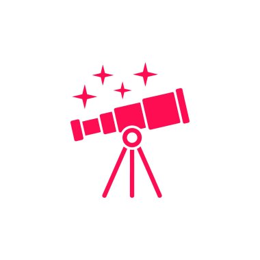 A stylized pink icon features a telescope on a tripod with four twinkling stars, symbolizing astronomy, stargazing, and space observation on a plain white background.