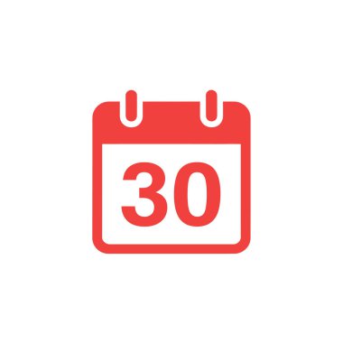 Features a minimalist red calendar icon isolated on a white background, displaying the number 30, rendered in a clean, vector format.