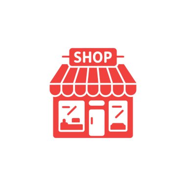 A single red shop icon with an awning, door, and window displays sits isolated on a white background, representing retail or small business.
