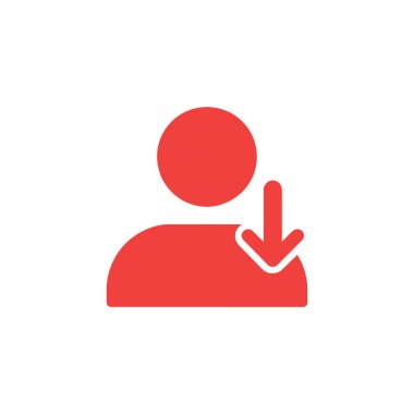 A vibrant red user icon featuring a downward arrow, symbolizing user download, sign out, or profile retrieval. Isolated against a crisp white background.